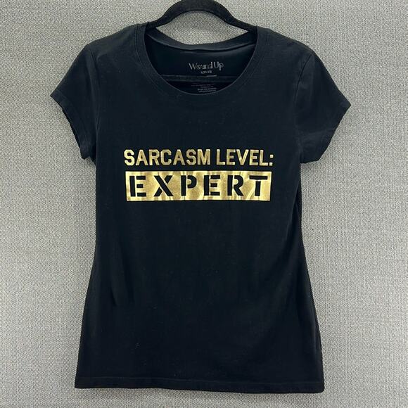 Wound Up “Sarcasm Level:EXPERT” Black Graphic Short Sleeveless Fitted T-Shirt L - Picture 1 of 6